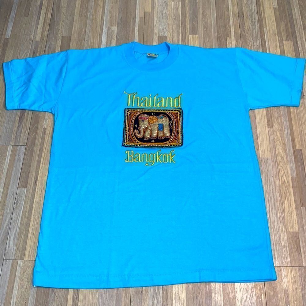 Thailand elephant hand beaded souvenir vintage t shirt Aqua teal blue mens L